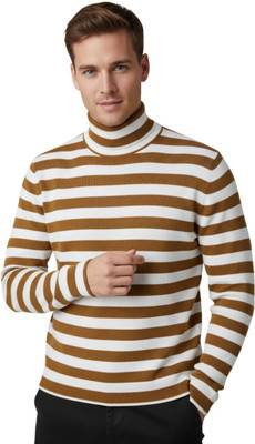 Looks United Striped High Neck Casual Men Yellow Sweater