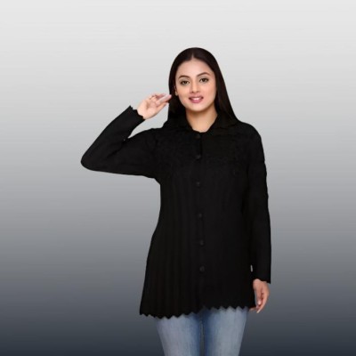 Ozarro Self Design Collared Neck Casual Women Black Sweater