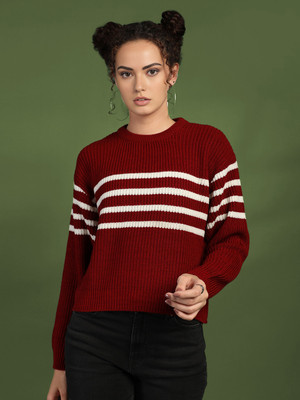 CHKOKKO Striped, Self Design Round Neck Casual Women Red Sweater