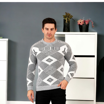FUKUSO Geometric Print Round Neck Casual Men Grey Sweater