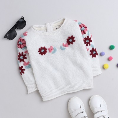 HouseOfCommon Solid Round Neck Casual Baby Girls White Sweater