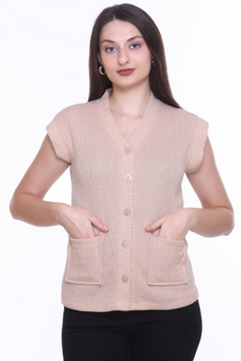 ENOV Solid V Neck Casual Women Beige Sweater