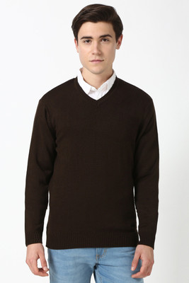 PETER ENGLAND Solid V Neck Casual Men Brown Sweater