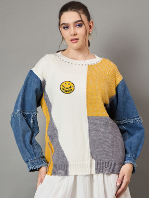 KASMA Self Design Round Neck Casual Women Multicolor Sweater