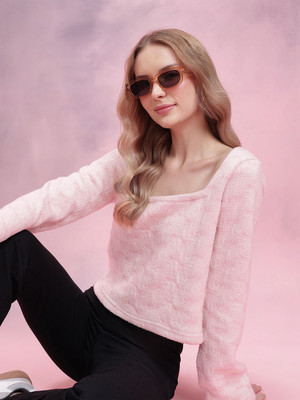 Dressberry Self Design Round Neck Casual Women White Sweater