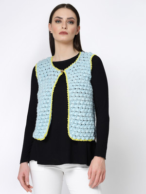 Velvery Self Design Round Neck Casual Women Blue Sweater