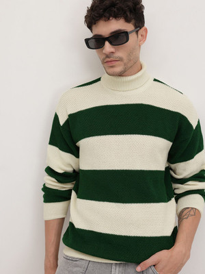 Roadster Striped High Neck Casual Men White Sweater