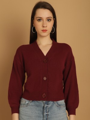 Nobarr Solid V Neck Casual Women Brown Sweater