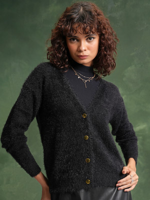 Tokyo Talkies Solid V Neck Casual Women Black Sweater