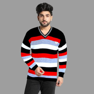 Sanzzy Solid V Neck Casual Men Black, Red Sweater