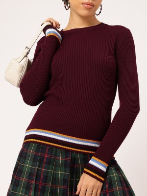 Dressberry Solid Round Neck Casual Women Maroon Sweater