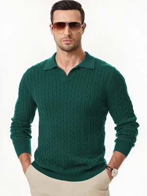 TYSORT Self Design Collared Neck Casual Men Green Sweater