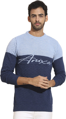 Fit N Fame Printed Round Neck Casual Men Blue Sweater