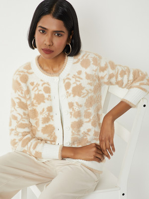 MAX Printed Round Neck Casual Women Beige Sweater