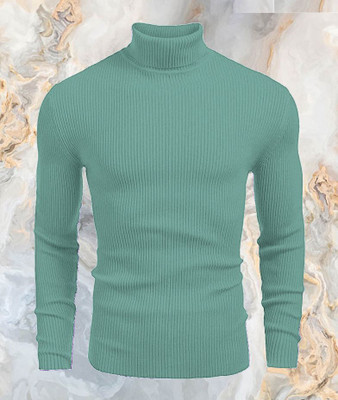 Cat Bunny Self Design High Neck Casual Men Green Sweater