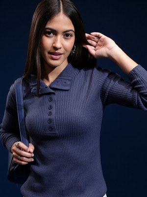 Tokyo Talkies Self Design Collared Neck Casual Women Blue Sweater