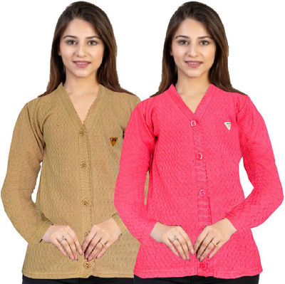 Shunit creation Self Design Round Neck Lounge Wear Women Brown Sweater