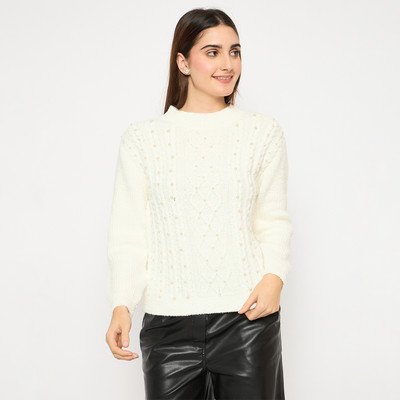 MADAME Solid Round Neck Casual Women White Sweater