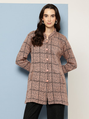 METRONAUT Checkered Mandarin Neck Casual Women Orange Sweater