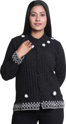 speed line hosiery Self Design Mandarin Neck Casual Women Black Sweater