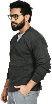 manra Self Design V Neck Casual Men Grey Sweater
