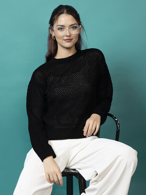 CHEMISTRY Self Design Round Neck Casual Women Black Sweater