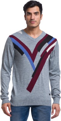 PARX Solid V Neck Casual Men Grey Sweater