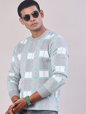 V-MART Self Design Round Neck Casual Men Grey Sweater