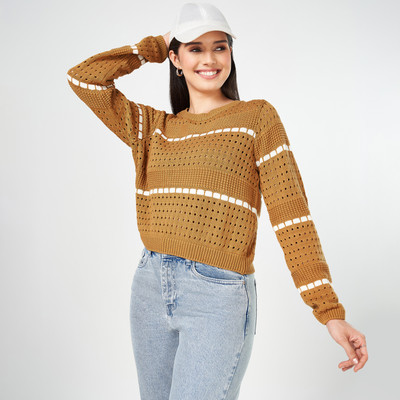 PEOPLE Solid Round Neck Casual Women Brown Sweater