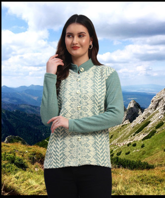 SYDNEY HILLS Embroidered Mandarin Neck Casual Women Light Green Sweater