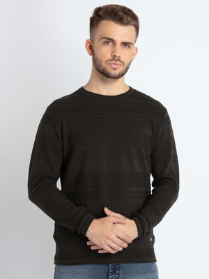 Status Quo Striped Round Neck Casual Men Black Sweater