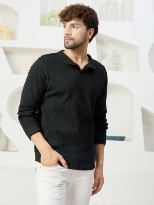 KVETOO Self Design Collared Neck Casual Men Black Sweater