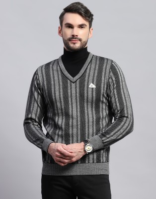 MONTE CARLO Striped V Neck Casual Men Black Sweater