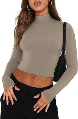 VastraVerse Striped High Neck Casual Women Grey Sweater