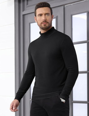 Starvy Solid Men Turtle Neck Black T-Shirt