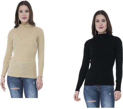Indistar Solid High Neck Casual Women Beige, Black Sweater