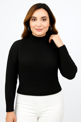 FEVERFEW Self Design High Neck Casual Women Black Sweater