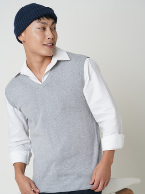 Globus Solid V Neck Casual Men Grey Sweater