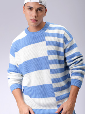 The Indian Garage Co. Striped Crew Neck Casual Men Blue Sweater