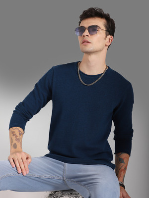 High Star Solid Round Neck Casual Men Blue Sweater
