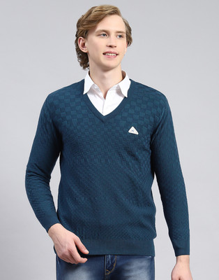 MONTE CARLO Self Design V Neck Casual Men Blue Sweater