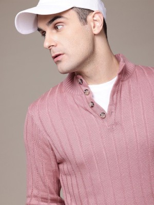 Roadster Striped High Neck Casual Men Pink Sweater