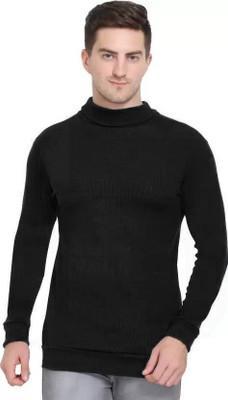 FASHLOOK Solid Round Neck Casual Men Black Sweater