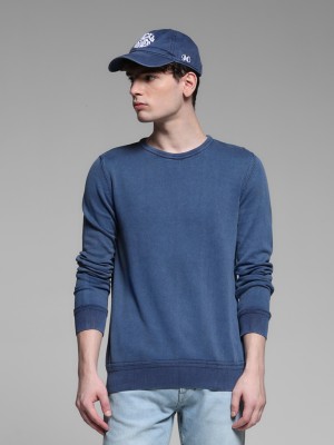 JACK & JONES Solid Round Neck Casual Men Blue Sweater