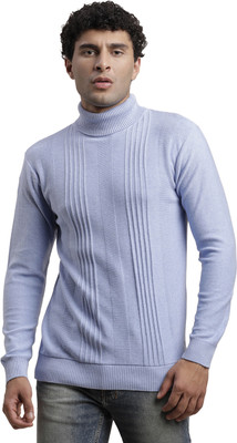 TURTLE Striped High Neck Casual Men Light Blue Sweater