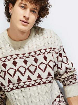 MAX Printed Round Neck Casual Men Brown Sweater
