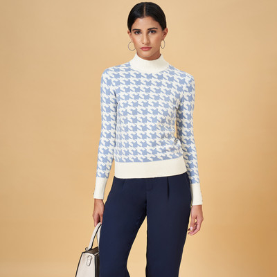 Annabelle by Pantaloons Printed High Neck Casual Women Blue Sweater
