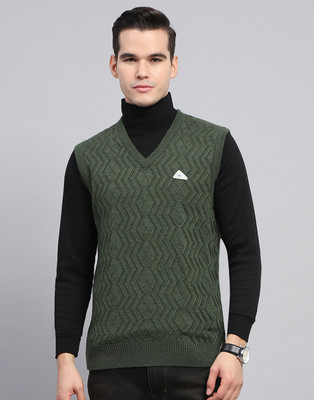 MONTE CARLO Self Design V Neck Casual Men Green Sweater