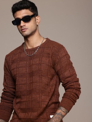 Roadster Self Design Round Neck Casual Men Brown Sweater