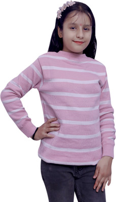 SELCAN Woven Round Neck Casual Girls Pink, White Sweater